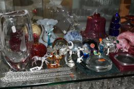 A GROUP OF COLOURED ART GLASS AND LAMPWORK ANIMALS, comprising a clear amethyst Webb Corbett