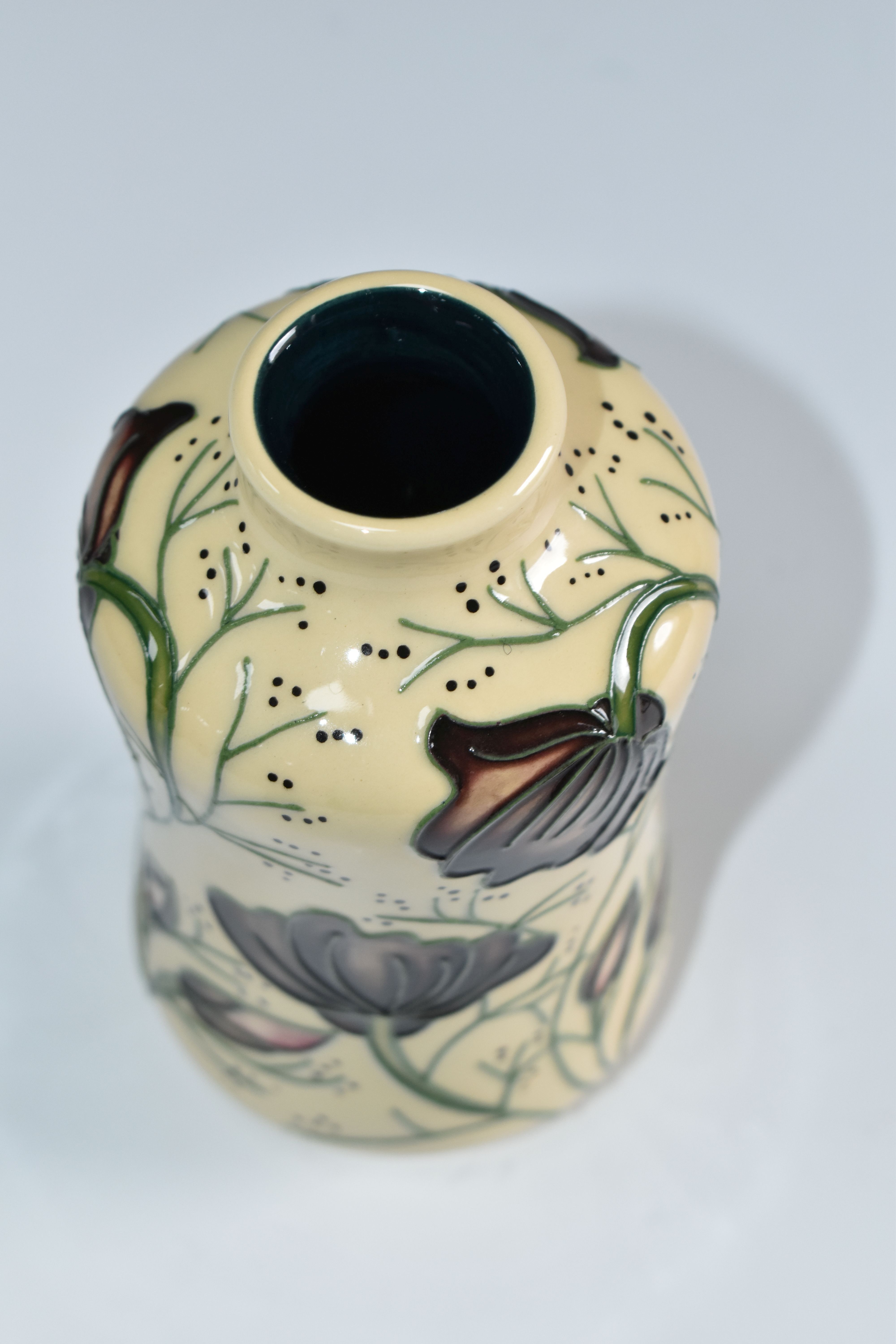 A MOORCROFT POTTERY 'CHOCOLATE COSMOS' PATTERN VASE, of cylindrical waisted form, tube lined with - Image 4 of 5