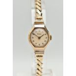 A 9CT GOLD LADIES WRISTWATCH, hand wound movement, round dial signed 'Timor', Arabic numerals,