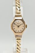 A 9CT GOLD LADIES WRISTWATCH, hand wound movement, round dial signed 'Timor', Arabic numerals,
