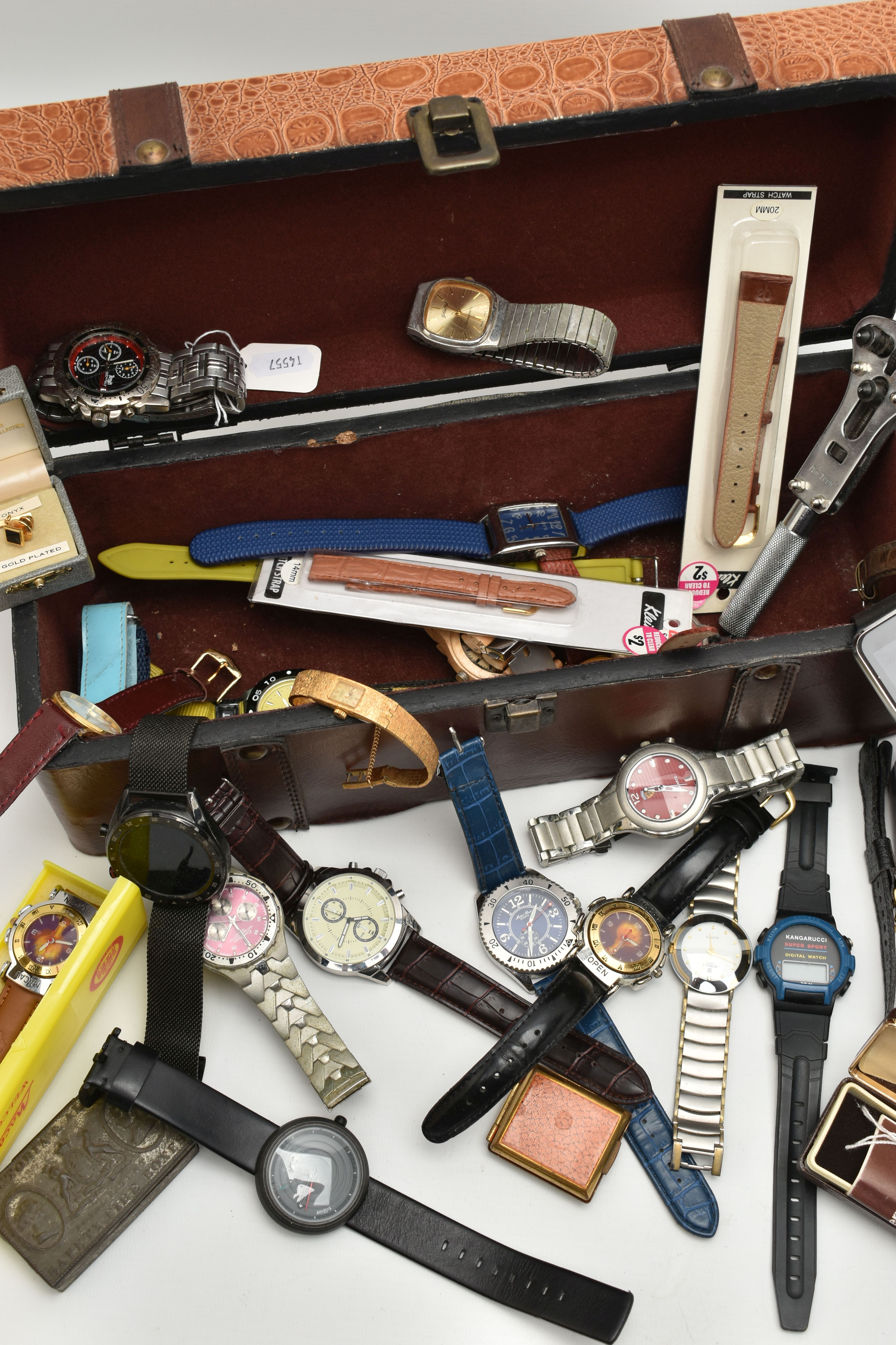 A BOX OF ASSORTED WRISTWATCHES AND ITEMS, to include a wooden box and a tin of mostly quartz fashion - Image 2 of 11