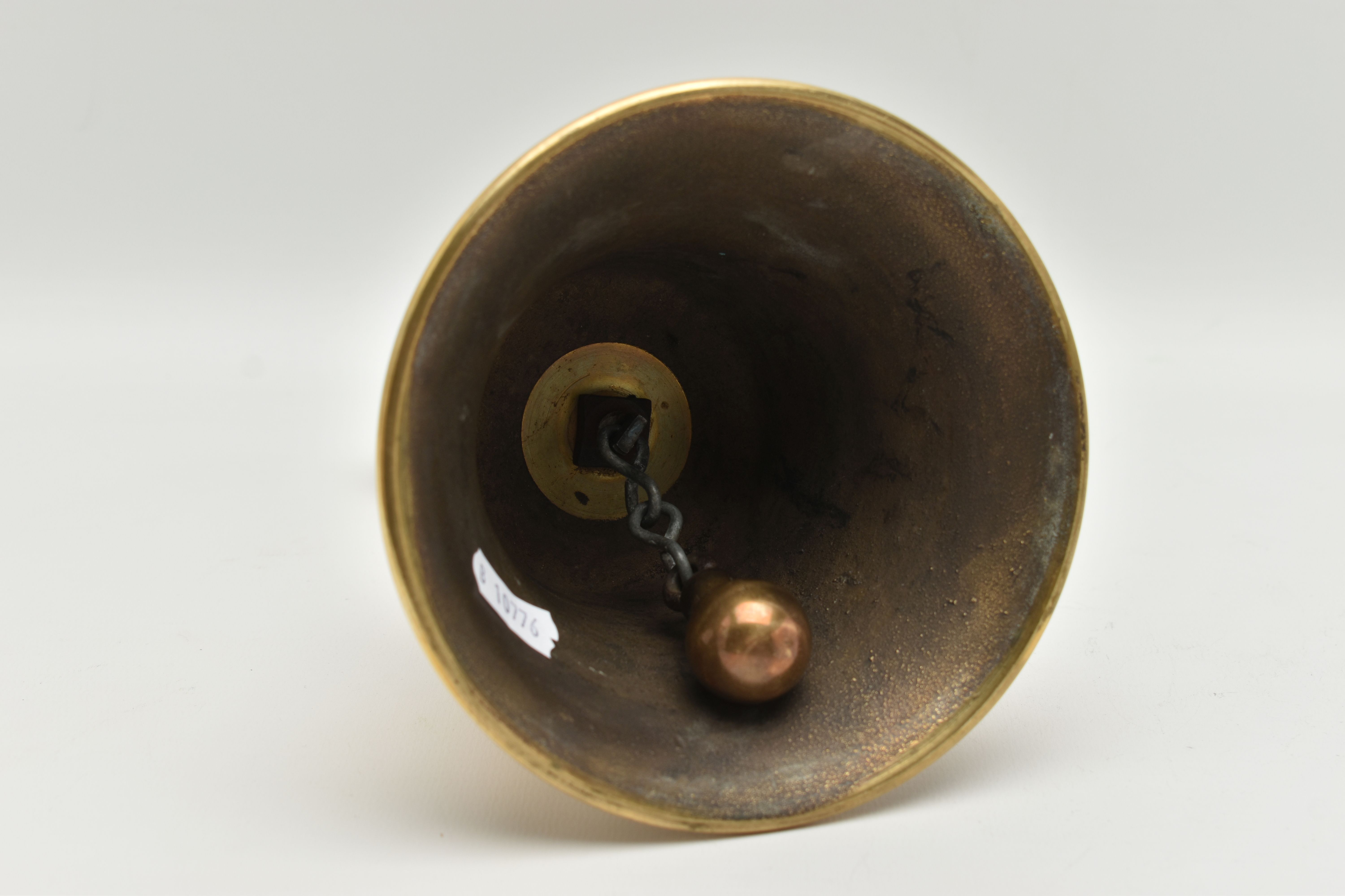 A VICTORIAN STYLE BRASS SCHOOL BELL WITH ENGRAVED BRASS HANDLE, the spherical end on a tapering - Image 3 of 3