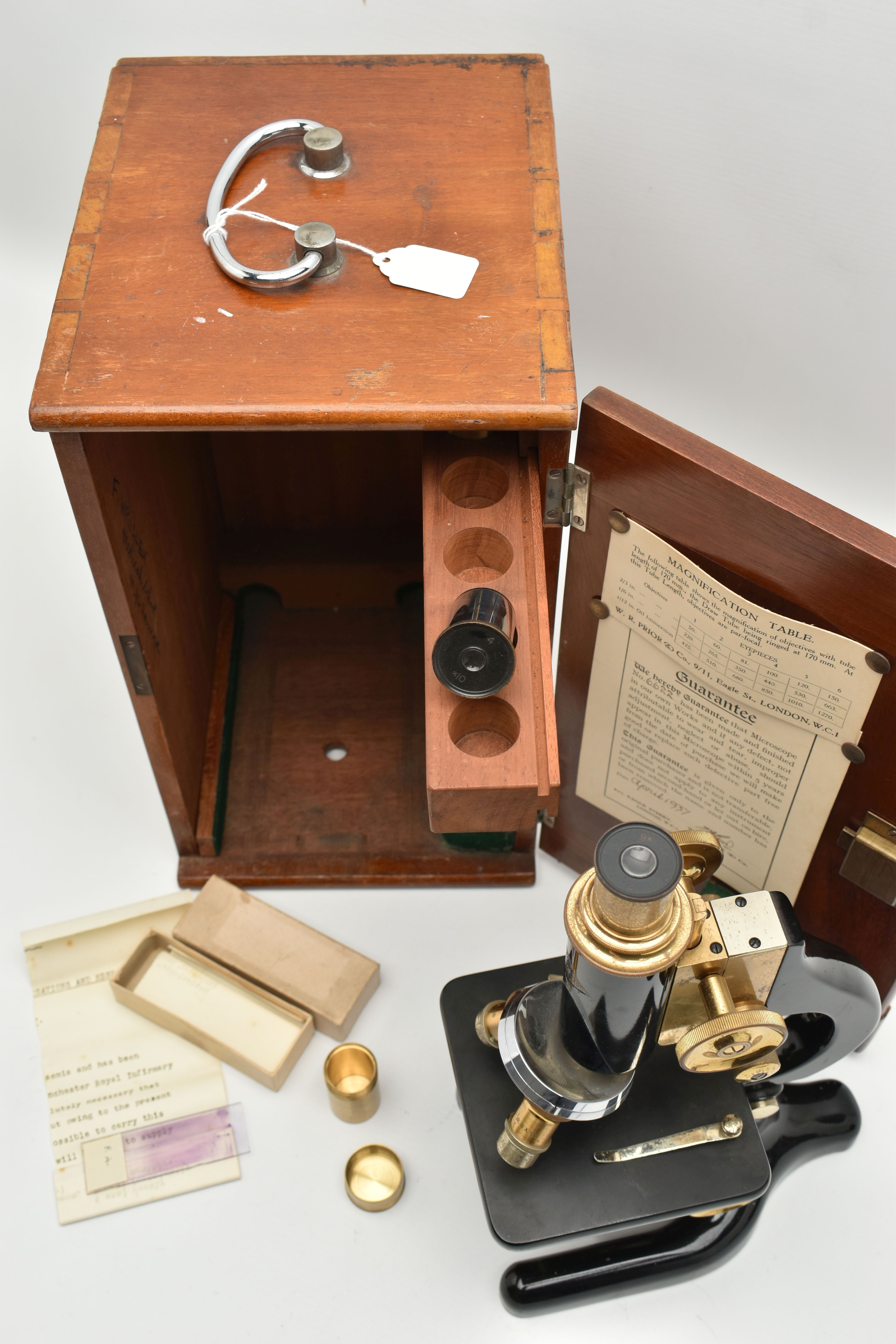 A CASED W.R. PRIOR & CO OF LONDON MONOCULAR MICROSCOPE, no.6622, the fitted case with guarantee - Image 4 of 7