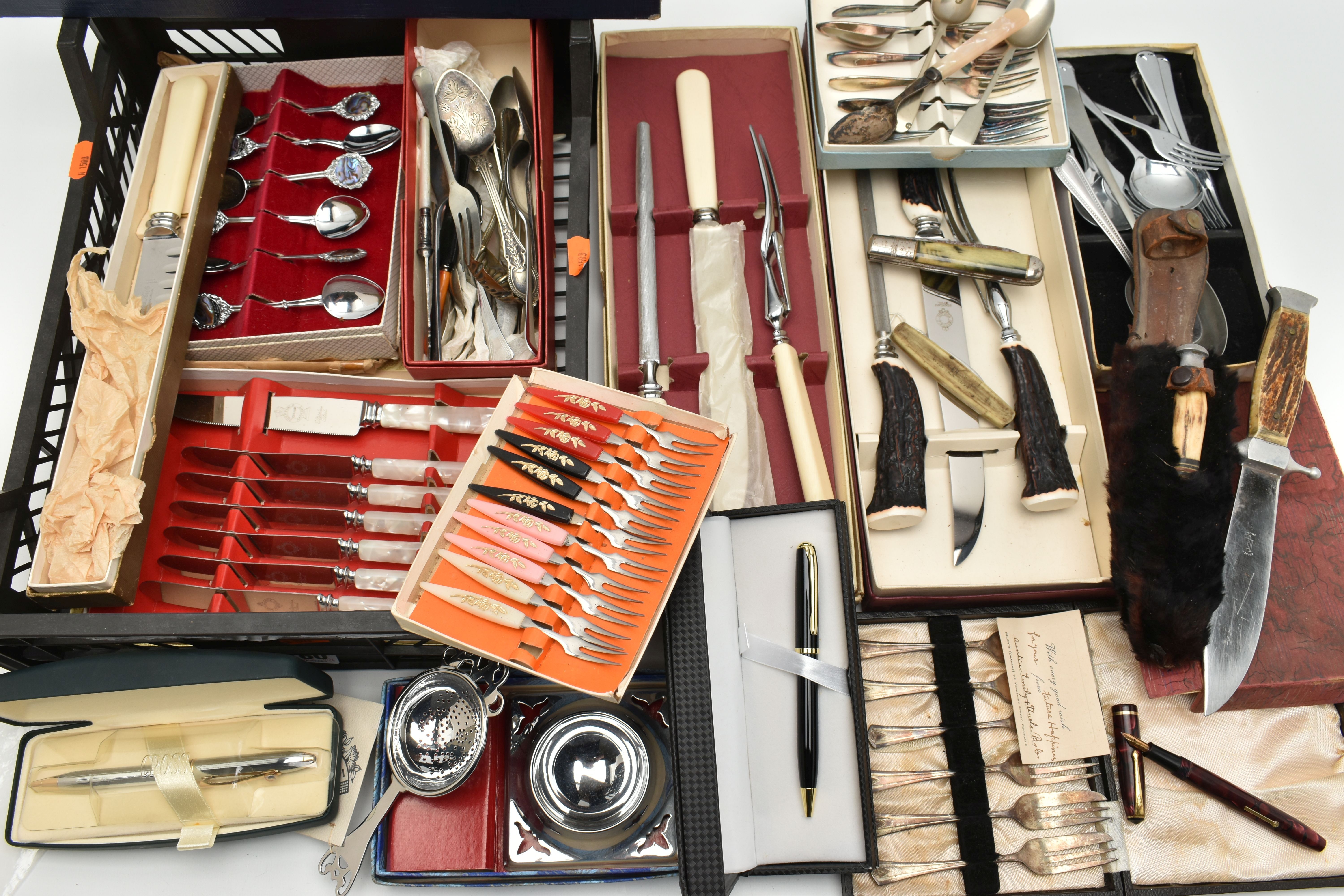 A BOX OF ASSORTED WHITE METAL WARE, to include cased sets of teaspoons, pickle forks, butter knives,