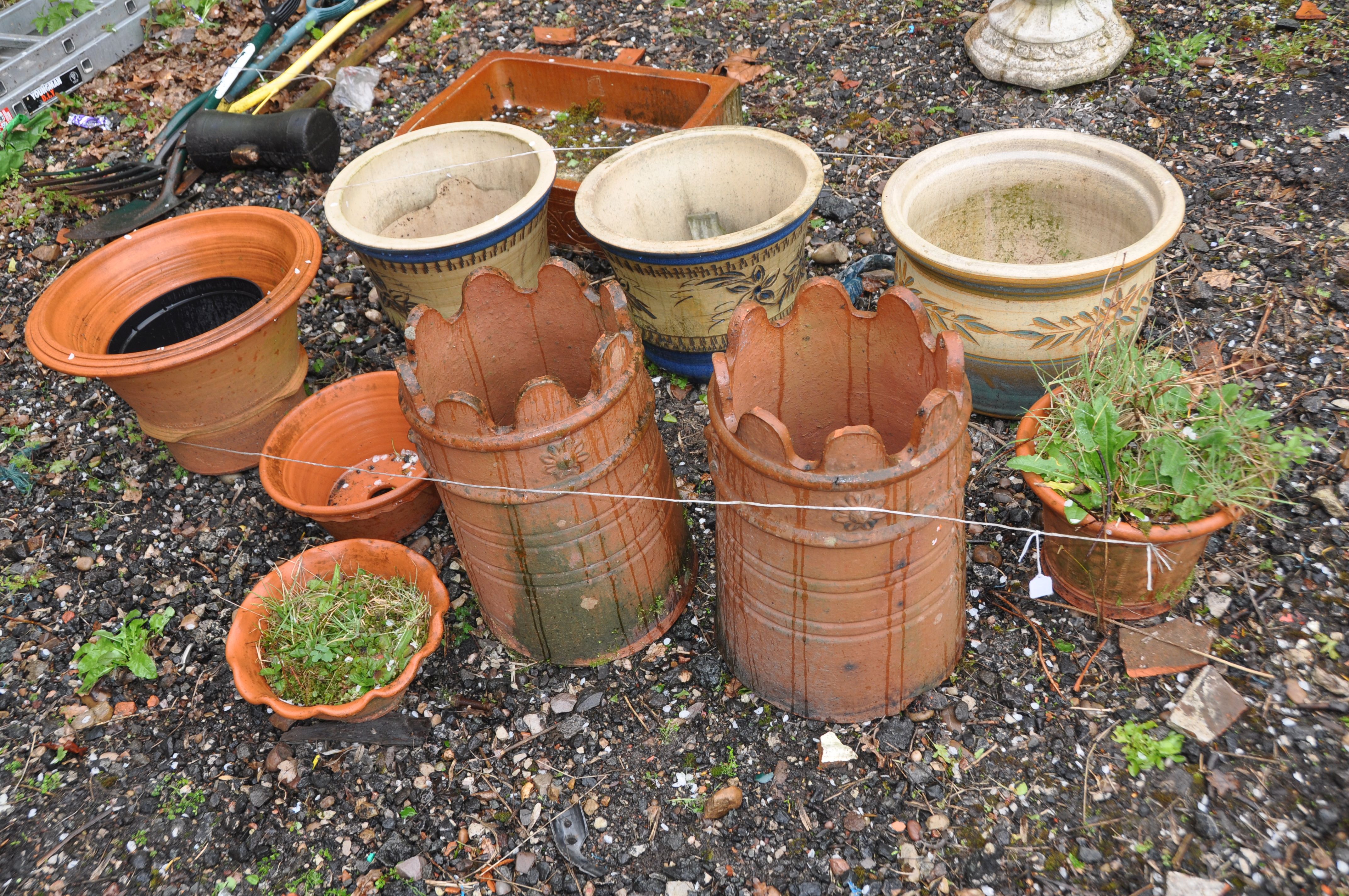 A COLLECTION OF NINE GARDEN POTS including a pair of terracotta chimney pots 47cm high, a pair of - Image 2 of 2
