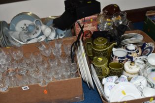 THREE BOXES OF CERAMICS, GLASSWARE AND SUNDRIES, to include Royal Doulton 'Rose Elegans' dinnerware,