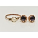 A PAIR OF 9CT GOLD EARRINGS AND A 9CT GOLD RING, a pair of Blue John and yellow gold earrings,