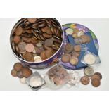 A CADBURY TIN CONTAINING MOSTLY MID 20TH CENTURY UK COINS, copper to Crowns