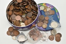 A CADBURY TIN CONTAINING MOSTLY MID 20TH CENTURY UK COINS, copper to Crowns