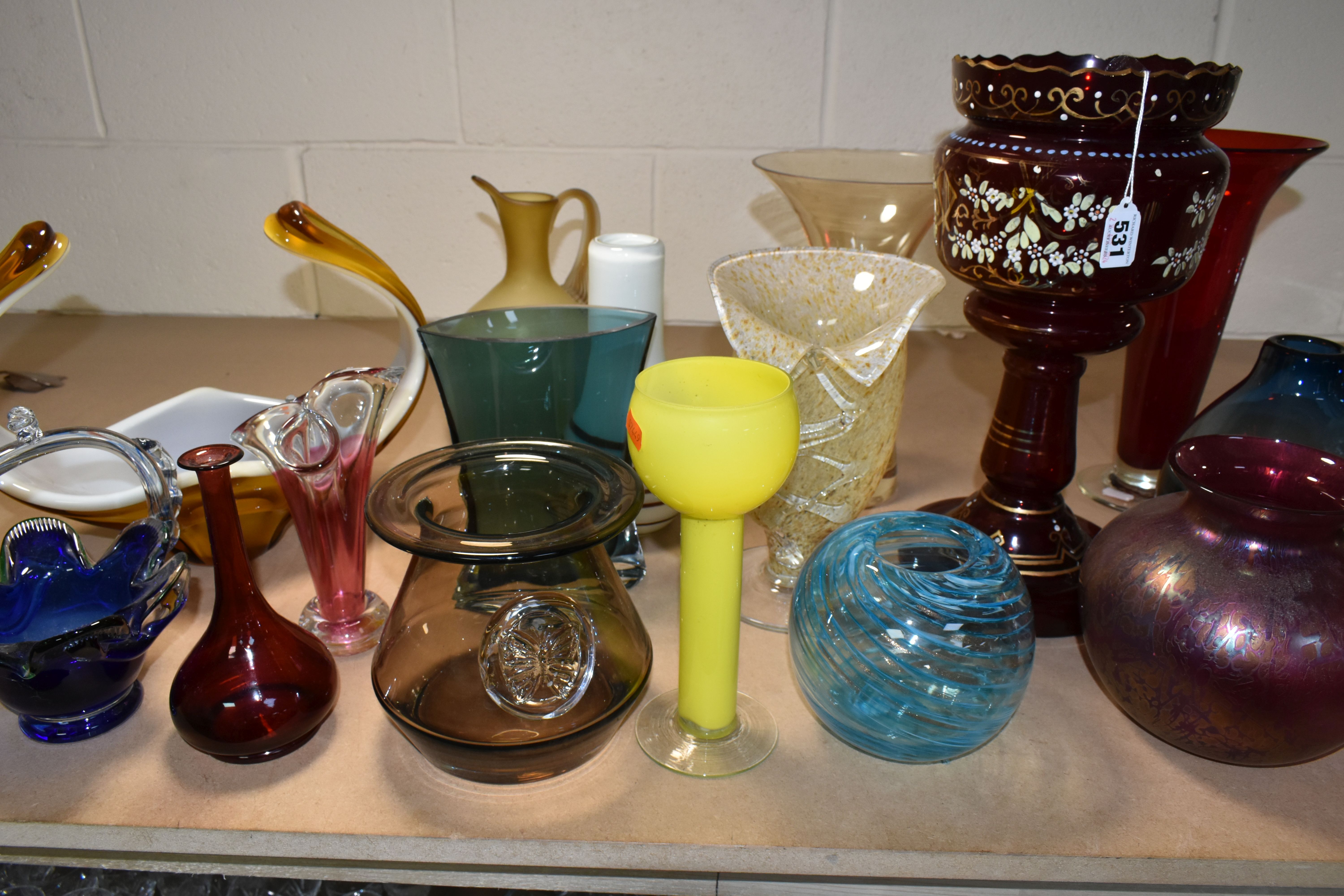 A SELECTION OF DECORATIVE COLOURED GLASSWARES, to include a Dartington vase with applied butterfly - Image 2 of 21