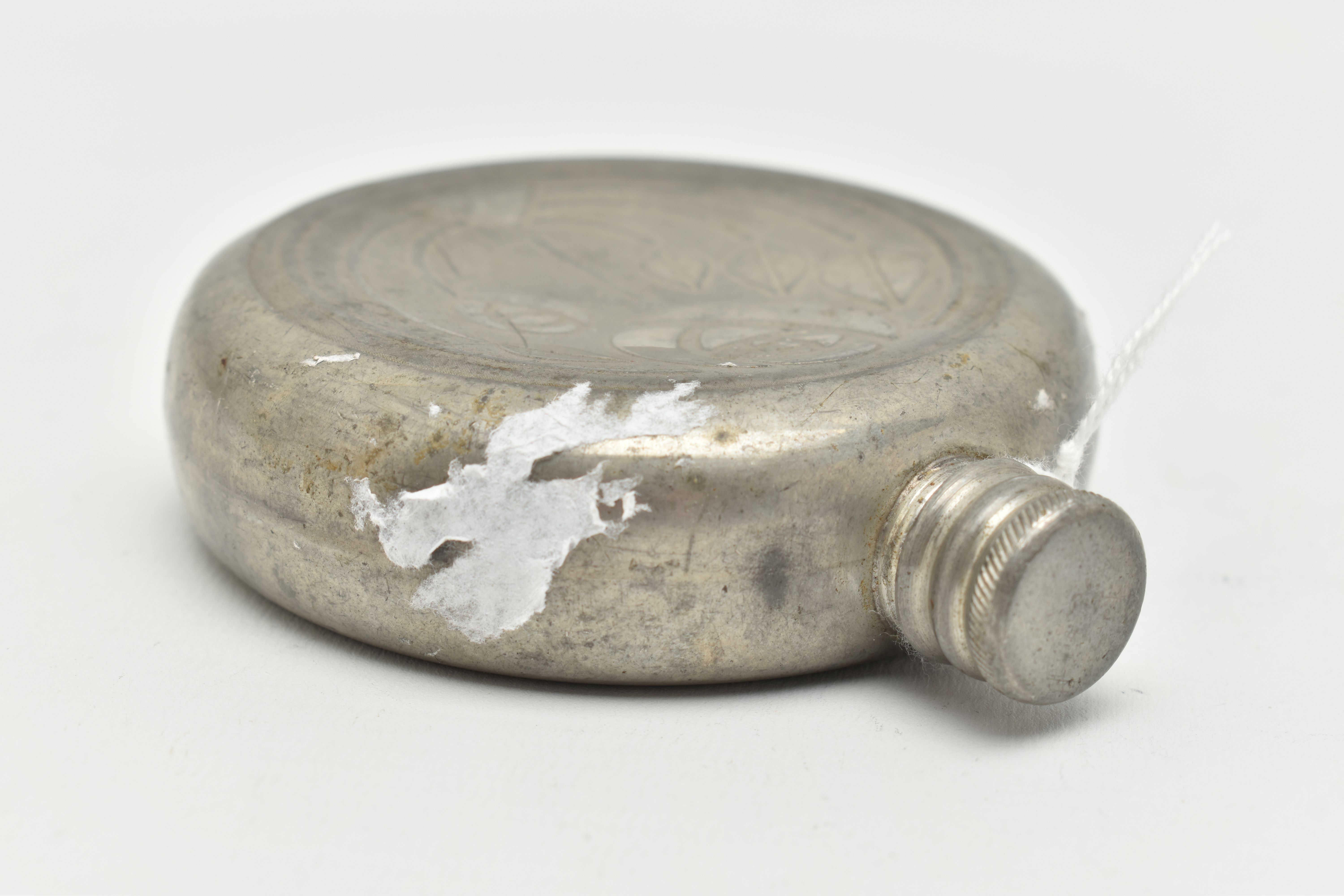 A PEWTER HIP FLASK OF CIRCULAR FORM EMBOSSED WITH CHARLES RENNIE MACKINTOSH STYLE FLOWERS TO THE - Image 3 of 4