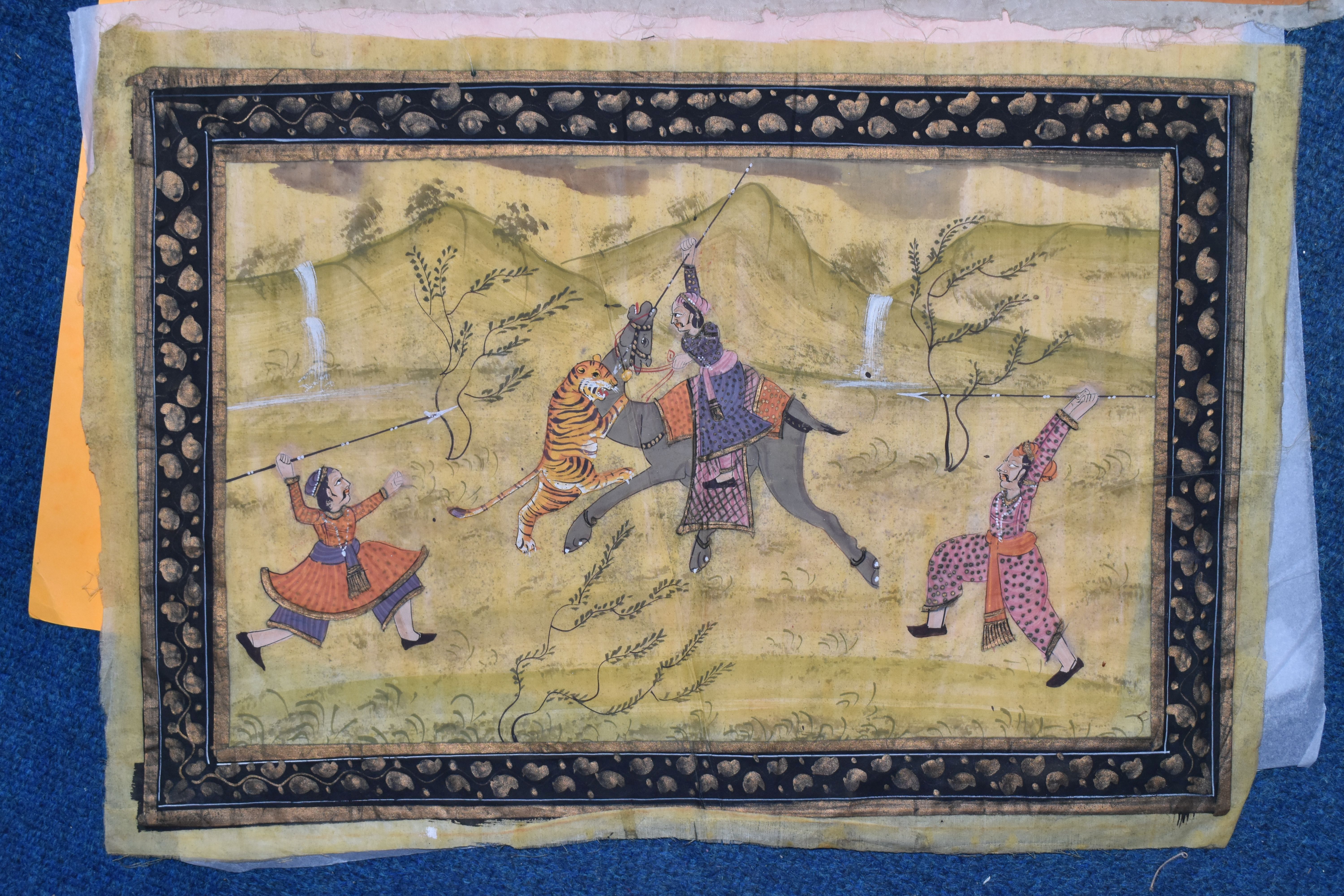 TWO 20TH CENTURY INDIAN / PERSIAN PAINTINGS ON SILK, the first depicting a hunting scene with a - Image 5 of 7