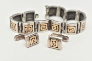 A BI COLOUR GREEK KEY BRACELET AND CUFFLINKS, a white metal bracelet comprised of twelve square