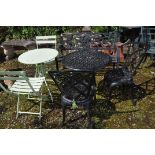 A COLLECTION OF METAL GARDEN FURNITURE including a rickety cast aluminium garden table, two matching