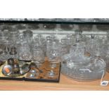 A GROUP OF GLASS AND PLATED ITEMS, to include four plates by John Walsh, Edinburgh Crystal