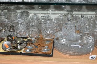 A GROUP OF GLASS AND PLATED ITEMS, to include four plates by John Walsh, Edinburgh Crystal