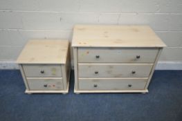 A MODERN CHEST OF THREE DRAWERS, width 91cm x depth 48cm x height 71cm, along with a matching two