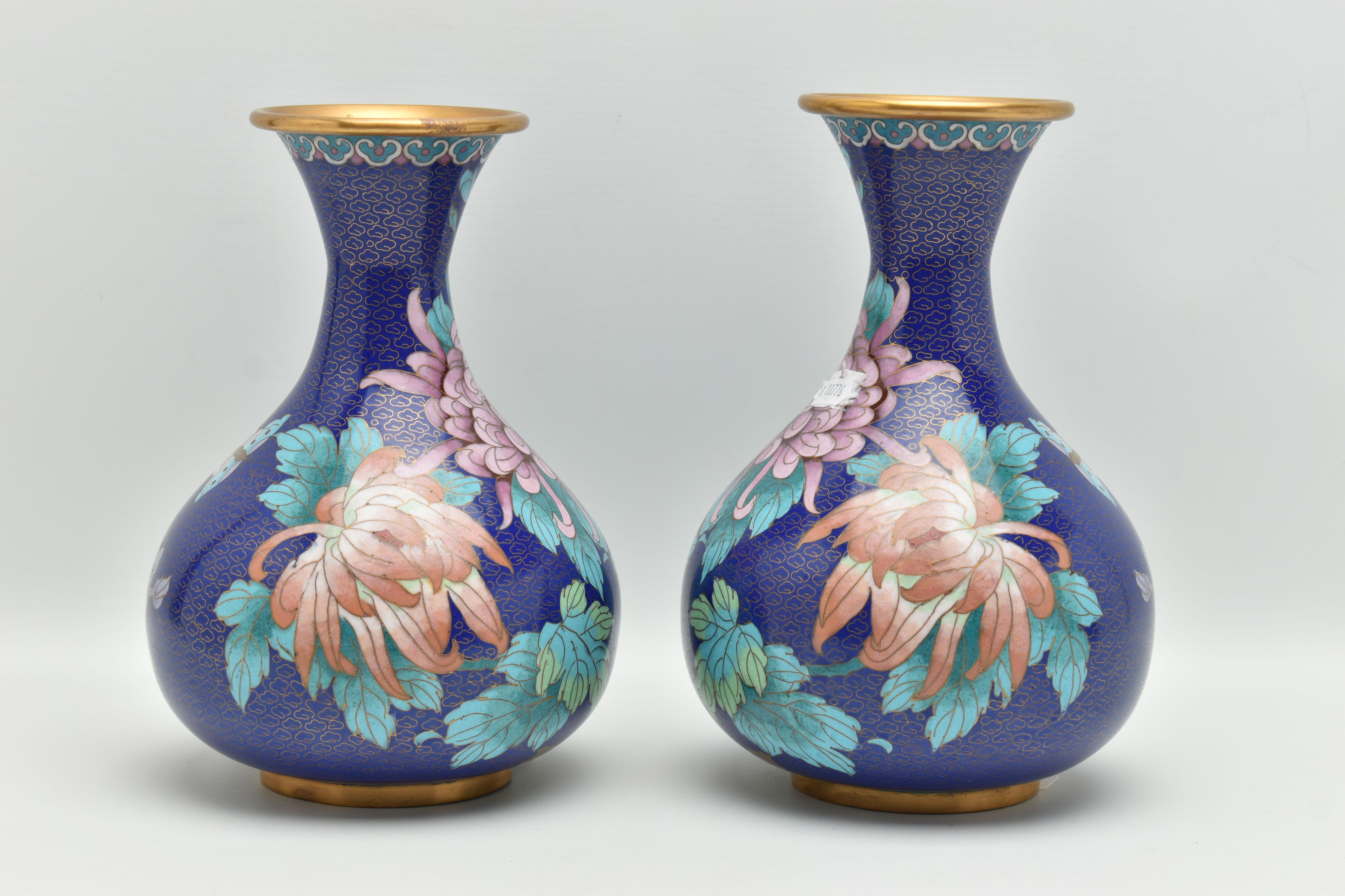 A PAIR OF MODERN CHINESE CLOISONNE VASES OF BALUSTER FORM, the blue ground with flowers, foliage and