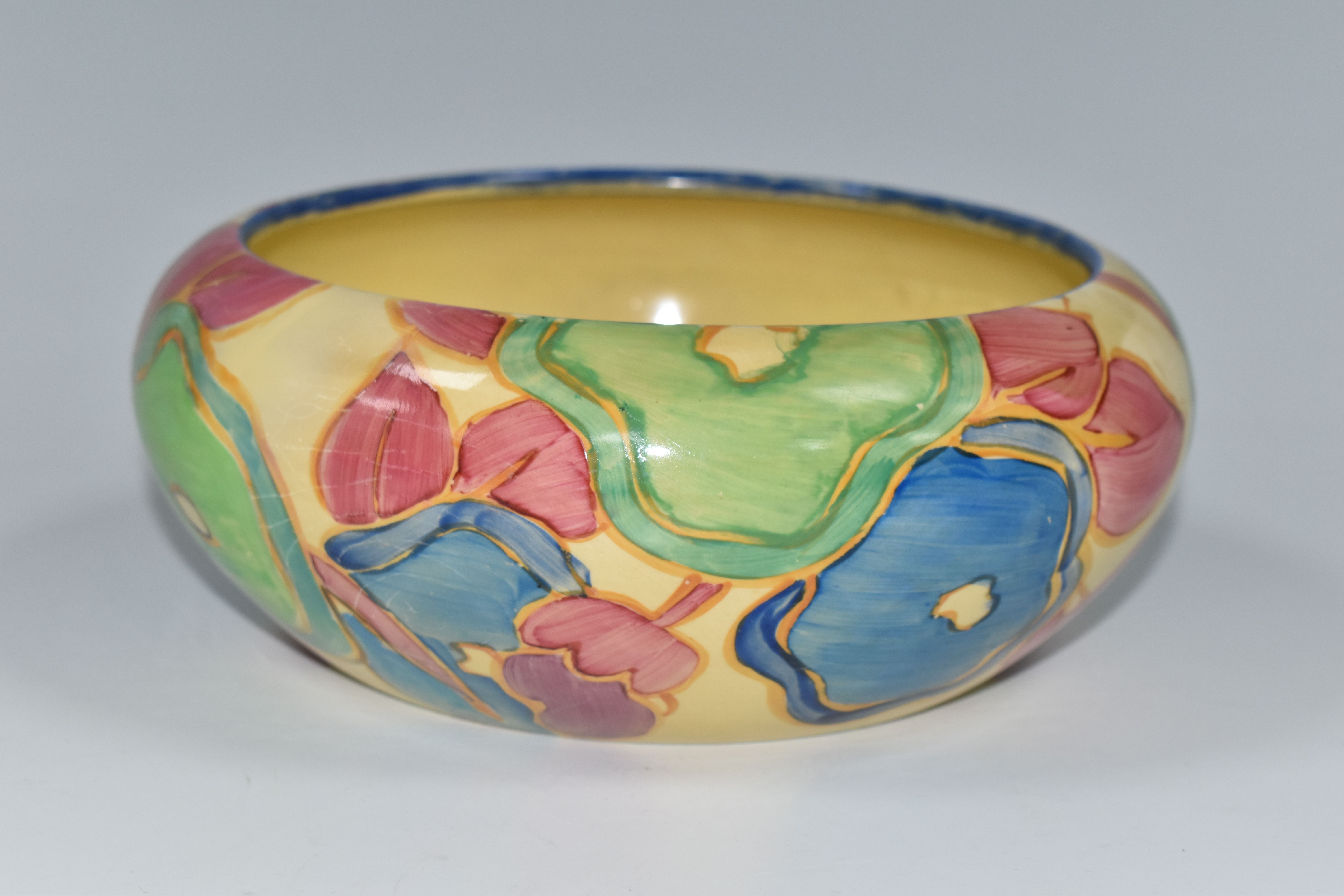 A CLARICE CLIFF FANTASQUE BIZARRE BOWL, in Blue Chintz pattern, painted with blue, pink and green