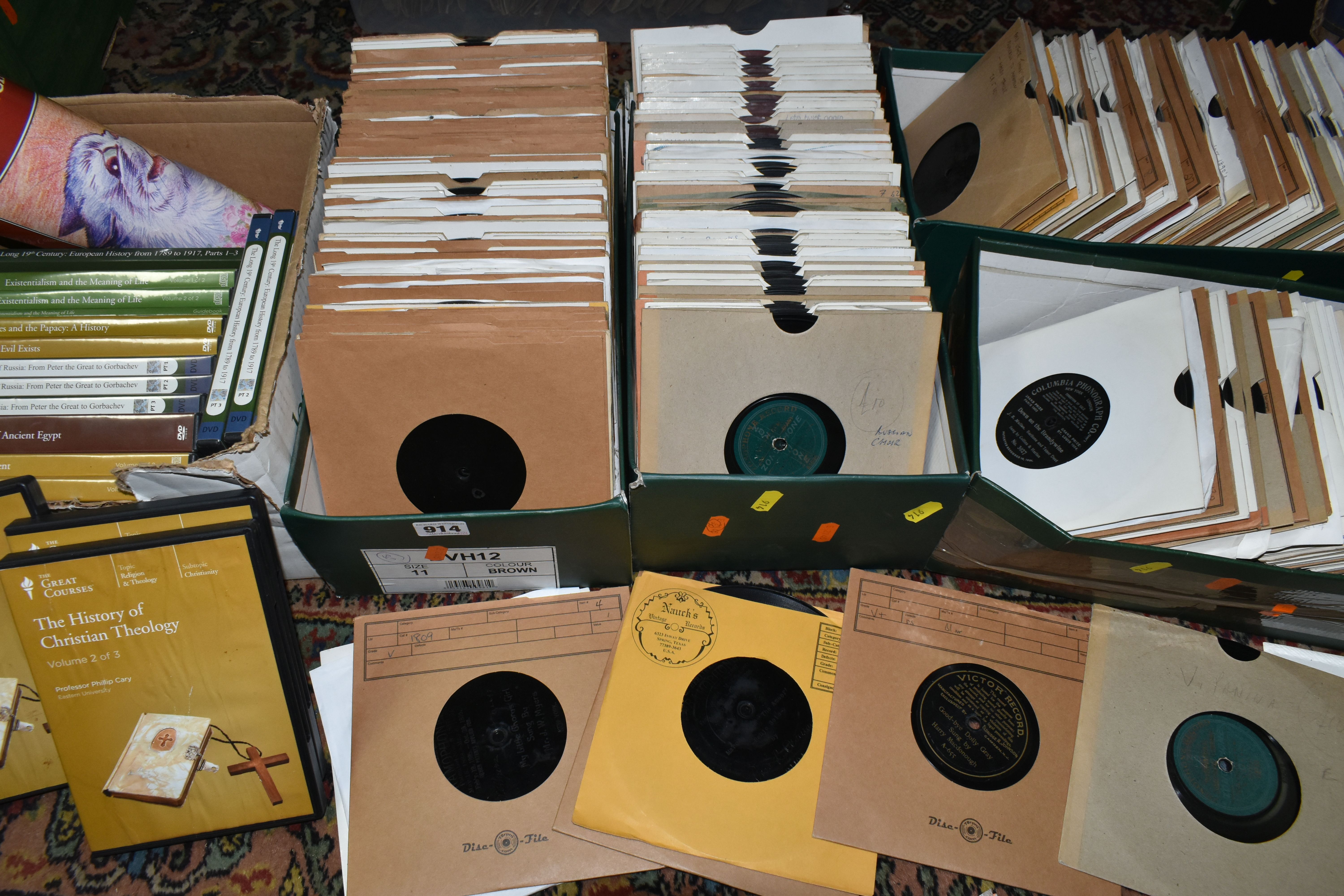 FOUR BOXES OF 8 inch gramophone records, brands include Zonophone, Columbia, Victor, Emerson,