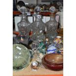 A GROUP OF COLOURED GLASSWARE AND PAPERWEIGHTS, comprising two large air bubble paperweights, a