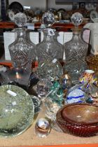 A GROUP OF COLOURED GLASSWARE AND PAPERWEIGHTS, comprising two large air bubble paperweights, a