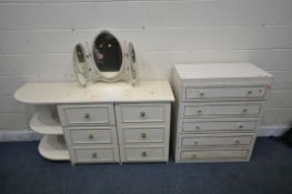 A CREAM DRESSING CHEST, fitted with six drawers and a rounded end, length 150cm x depth 49cm x