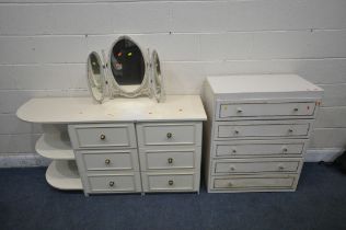 A CREAM DRESSING CHEST, fitted with six drawers and a rounded end, length 150cm x depth 49cm x