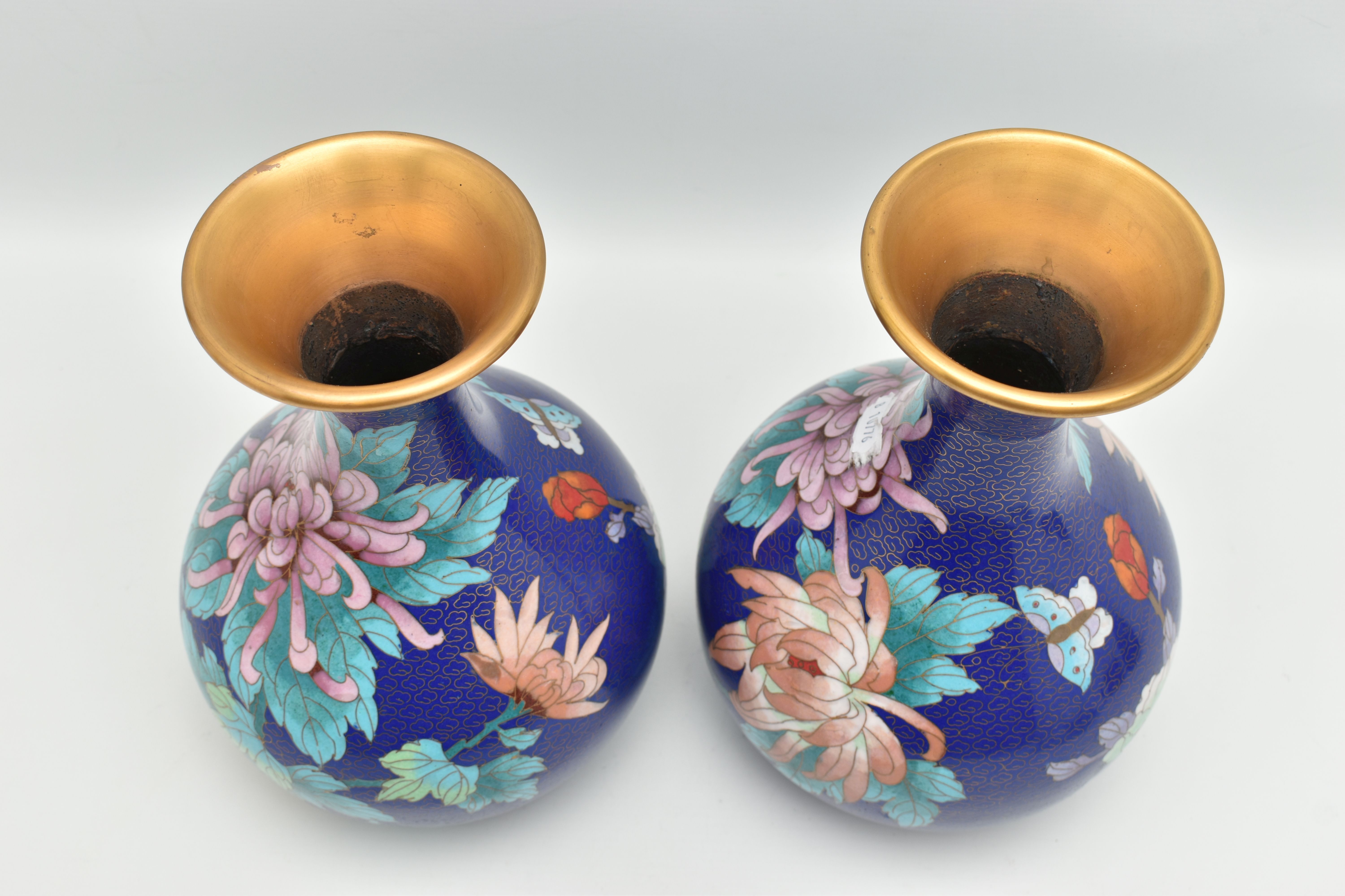 A PAIR OF MODERN CHINESE CLOISONNE VASES OF BALUSTER FORM, the blue ground with flowers, foliage and - Image 4 of 5