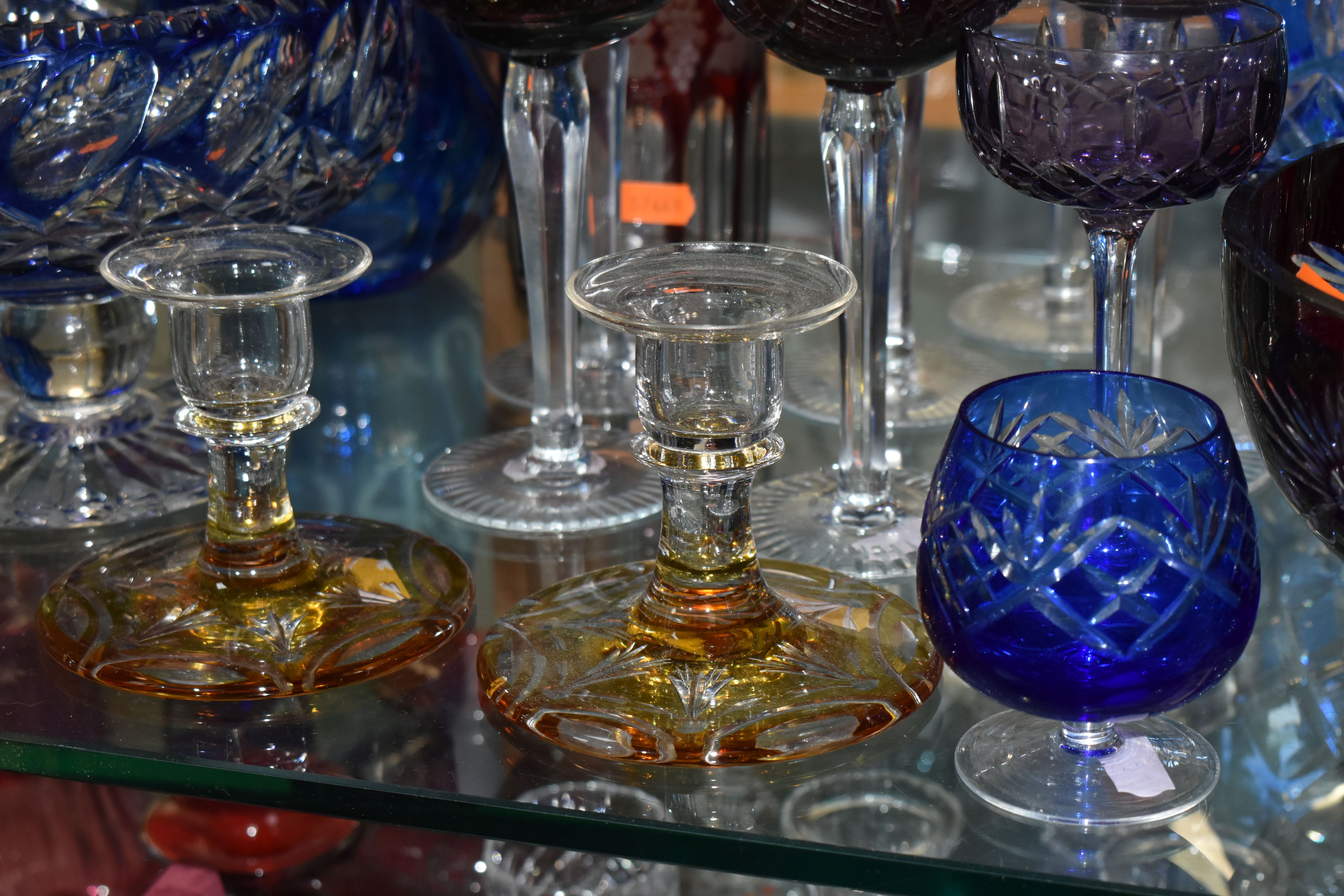 A GROUP OF COLOURED CUT CRYSTAL, to include six cranberry coloured wine glasses, decanter (damaged - Image 6 of 8