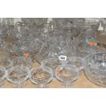 A SELECTION OF CUT GLASS BOWLS, VASES AND WATER JUGS ETC, to include Stuart, Thomas Webb and Royal