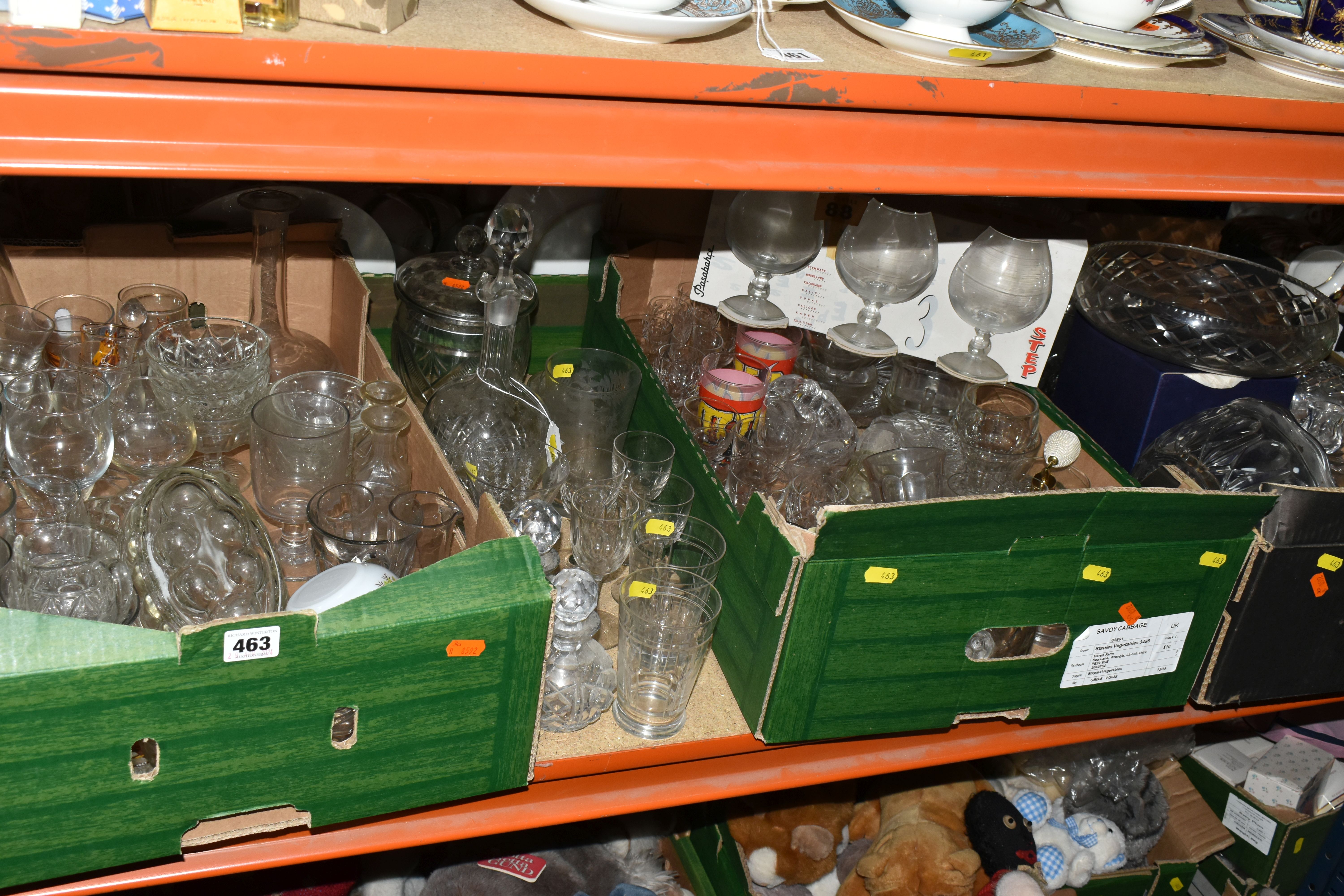 THREE BOXES AND LOOSE GLASSWARE, to include Victorian wine glasses, decanter, clear glass jelly
