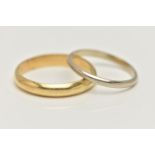 TWO BAND RINGS, both of plain D-shape design, the first yellow gold in colour with personal