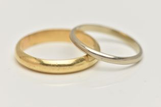 TWO BAND RINGS, both of plain D-shape design, the first yellow gold in colour with personal