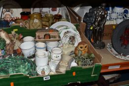 THREE BOXES AND LOOSE CERAMICS, to include a collection of Pretty Ugly Pottery mugs, a Midwinter '