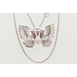 A WHITE METAL PENDANT AND CHAIN, flat pendant in the form of a butterfly, purple and white enamel