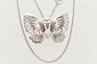 A WHITE METAL PENDANT AND CHAIN, flat pendant in the form of a butterfly, purple and white enamel