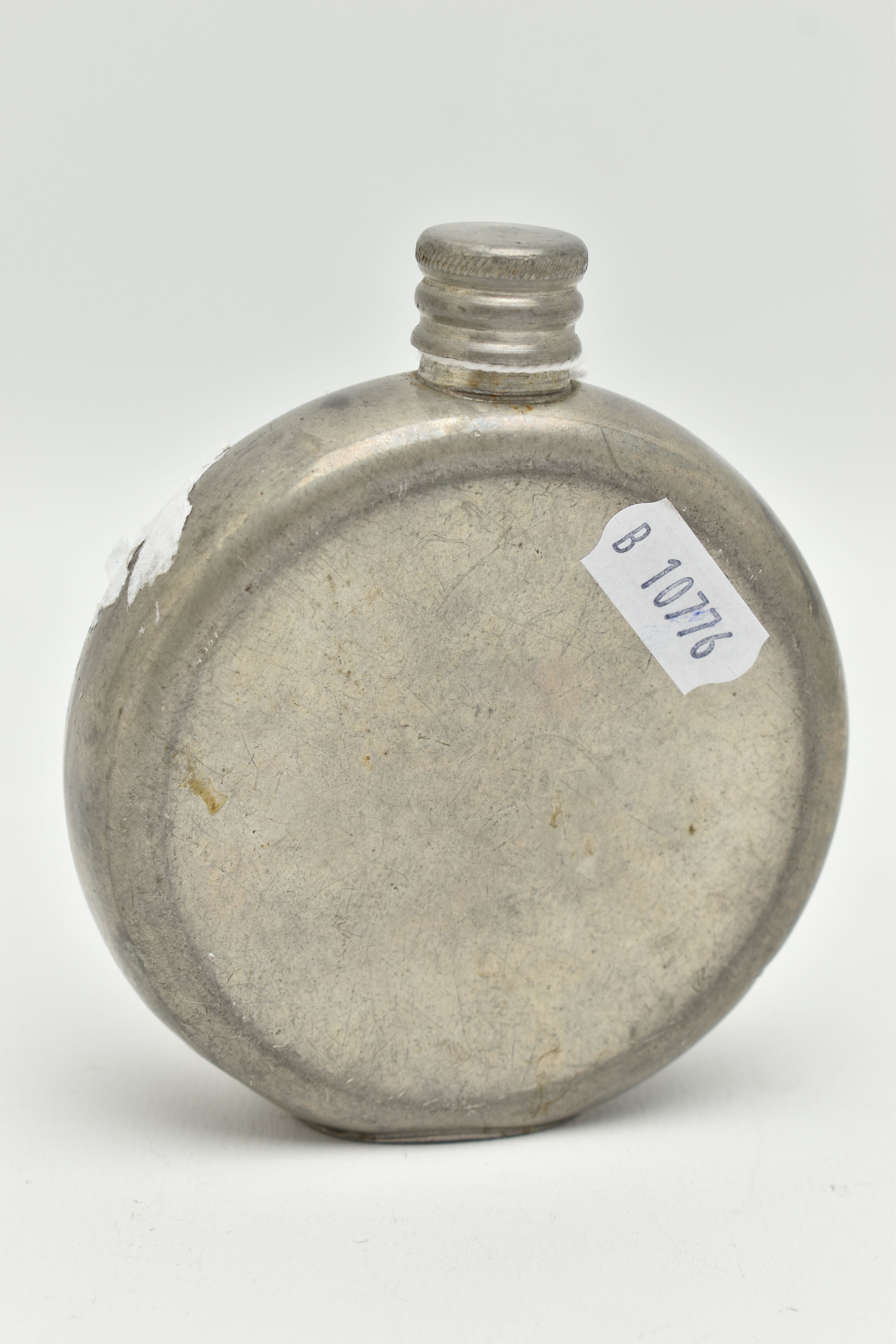 A PEWTER HIP FLASK OF CIRCULAR FORM EMBOSSED WITH CHARLES RENNIE MACKINTOSH STYLE FLOWERS TO THE - Image 2 of 4