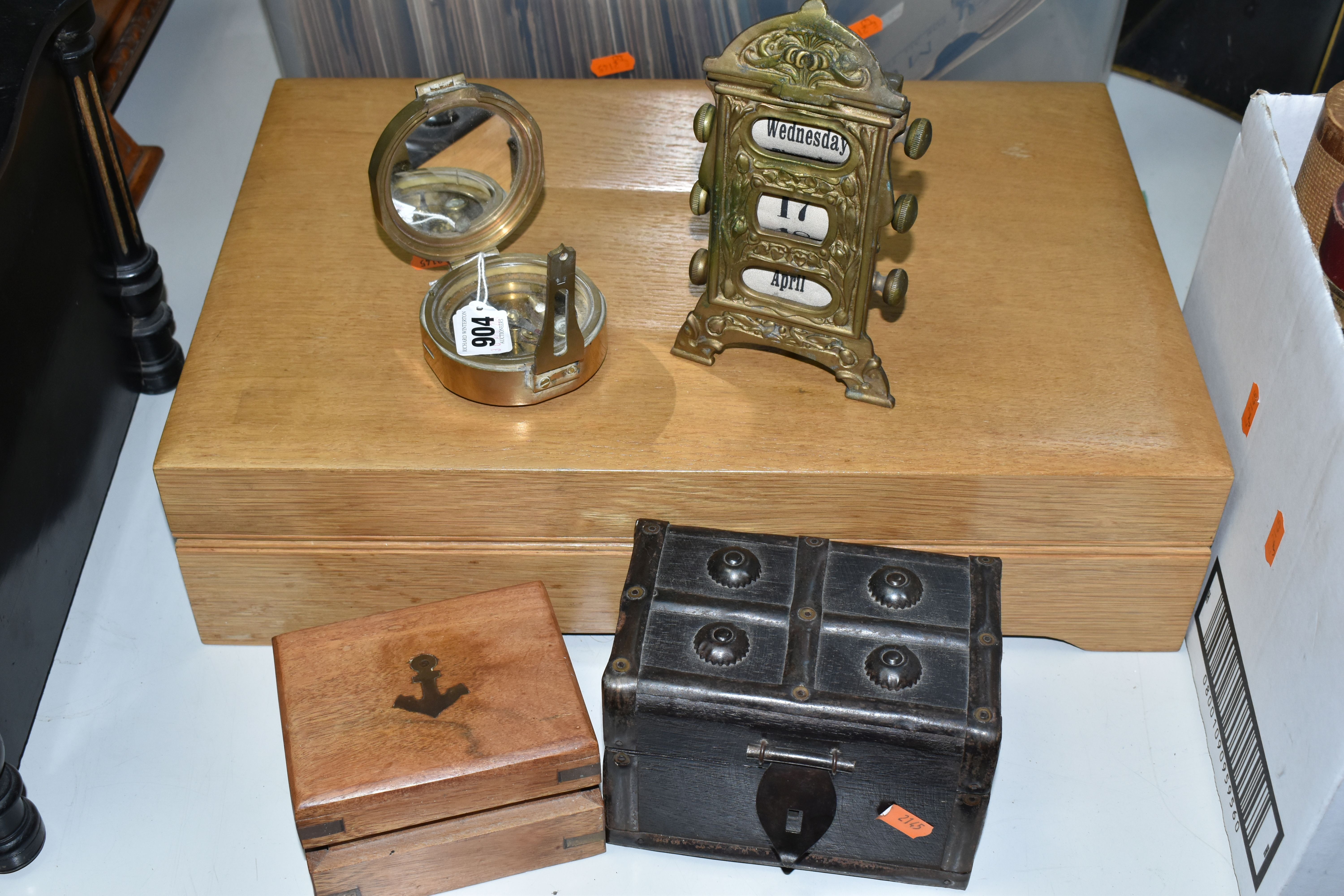 A REPRODUCTION BRASS BRUNTON STYLE SURVEY COMPASS, together with wooden box, to also include a