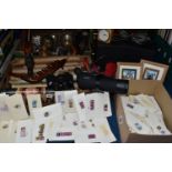 THREE BOXES OF MISCELLANEOUS SUNDRIES, to include a Kay & Co. sewing machine with lockable case, a