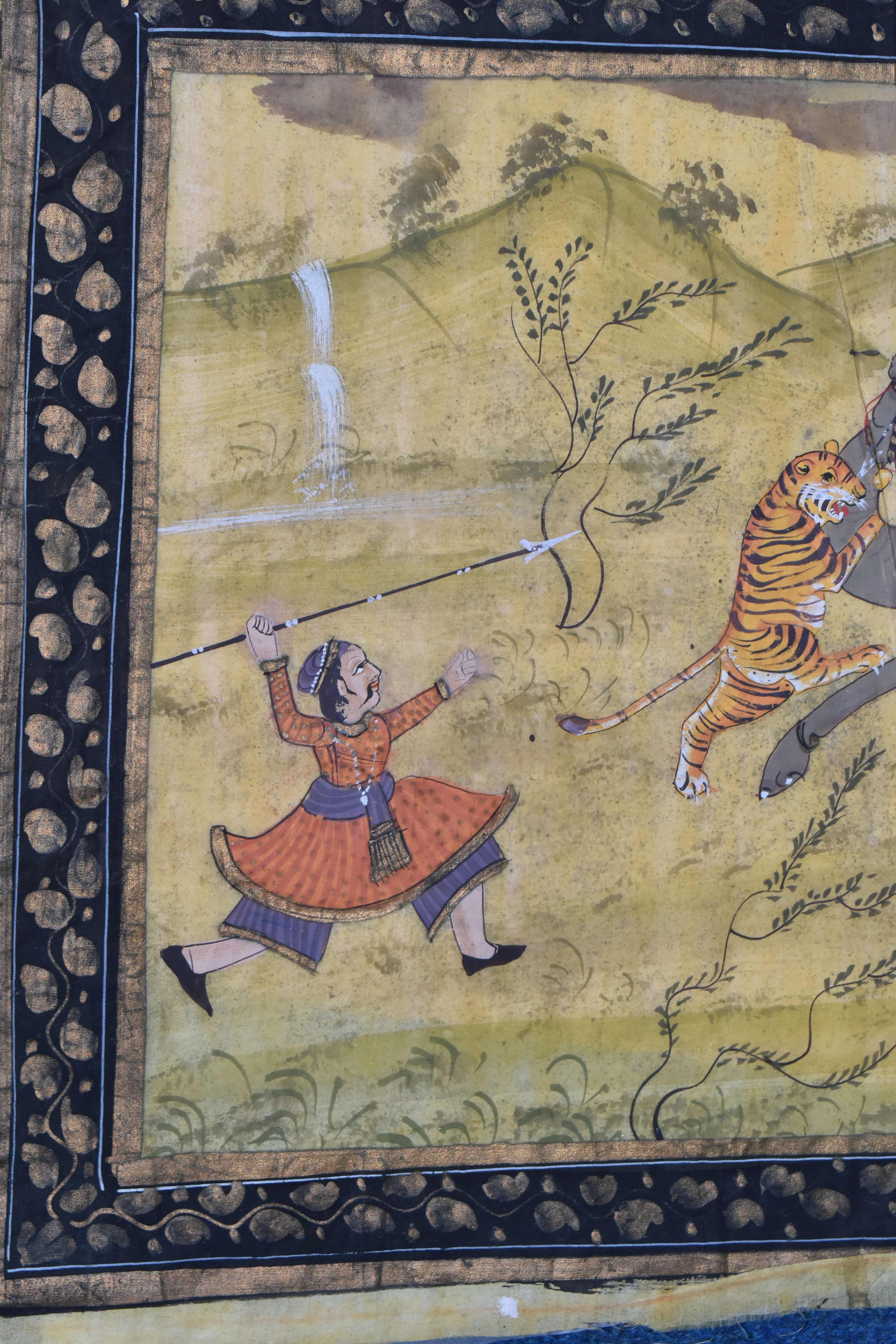 TWO 20TH CENTURY INDIAN / PERSIAN PAINTINGS ON SILK, the first depicting a hunting scene with a - Image 6 of 7