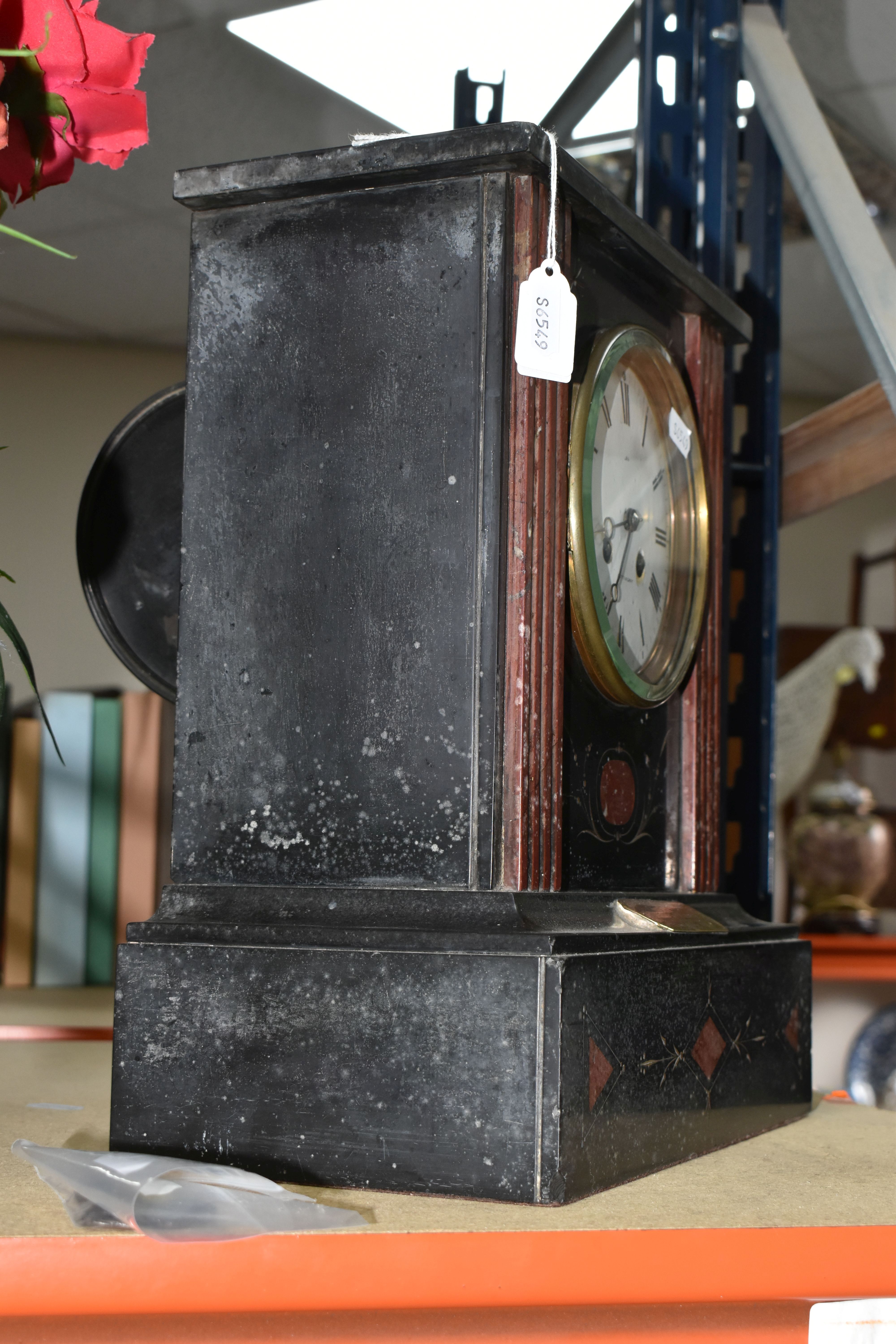 A VICTORIAN BLACK SLATE MANTLE CLOCK, inset with red marble accents, the enamel dial marked - Image 4 of 6