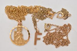 TWO PENDANTS AND THREE CHAINS, to include a St. Christopher pendant, hallmarked 9ct London, fitted