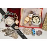 AN ASSORTMENT OF WATCHES AND WHITE METAL JEWELLERY, to include a gents Rotary wristwatch, two ladies