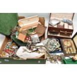 A BOX OF ASSORTED JEWELLERY AND JEWELLERY BOXES, to include a rolled gold christening bangle, a