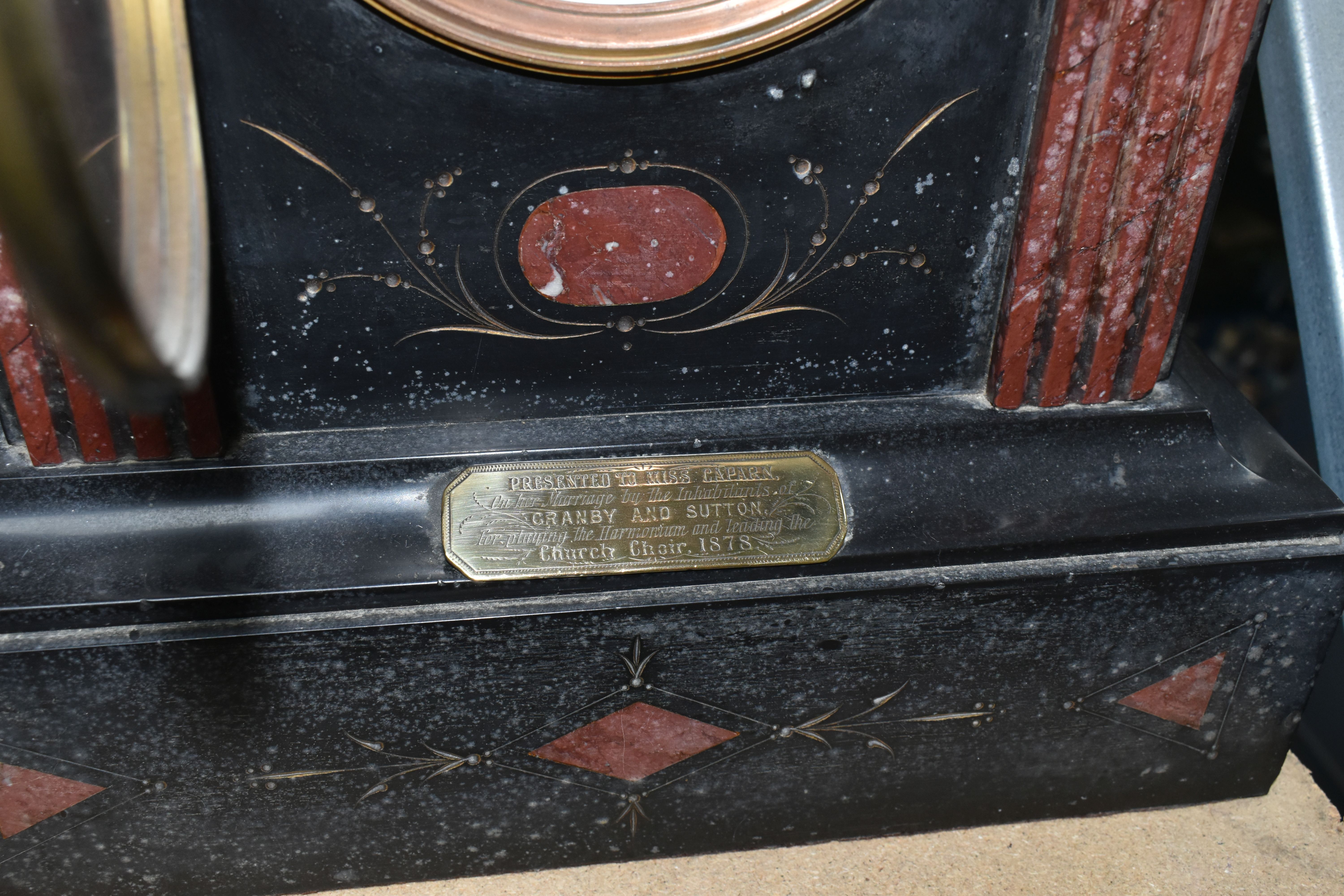 A VICTORIAN BLACK SLATE MANTLE CLOCK, inset with red marble accents, the enamel dial marked - Image 3 of 6