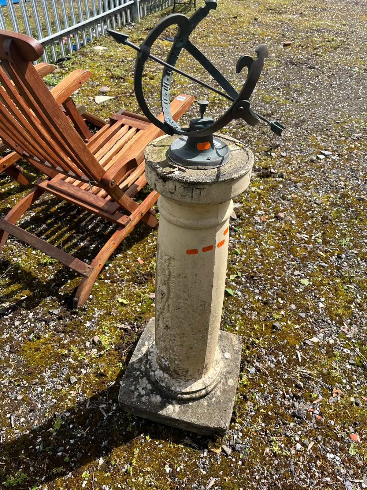 AN ARMILLARY SPHERE BRASS SUNDIAL ON A COMPOSITE COLUMN BASE with foliate panels and 'Tempus