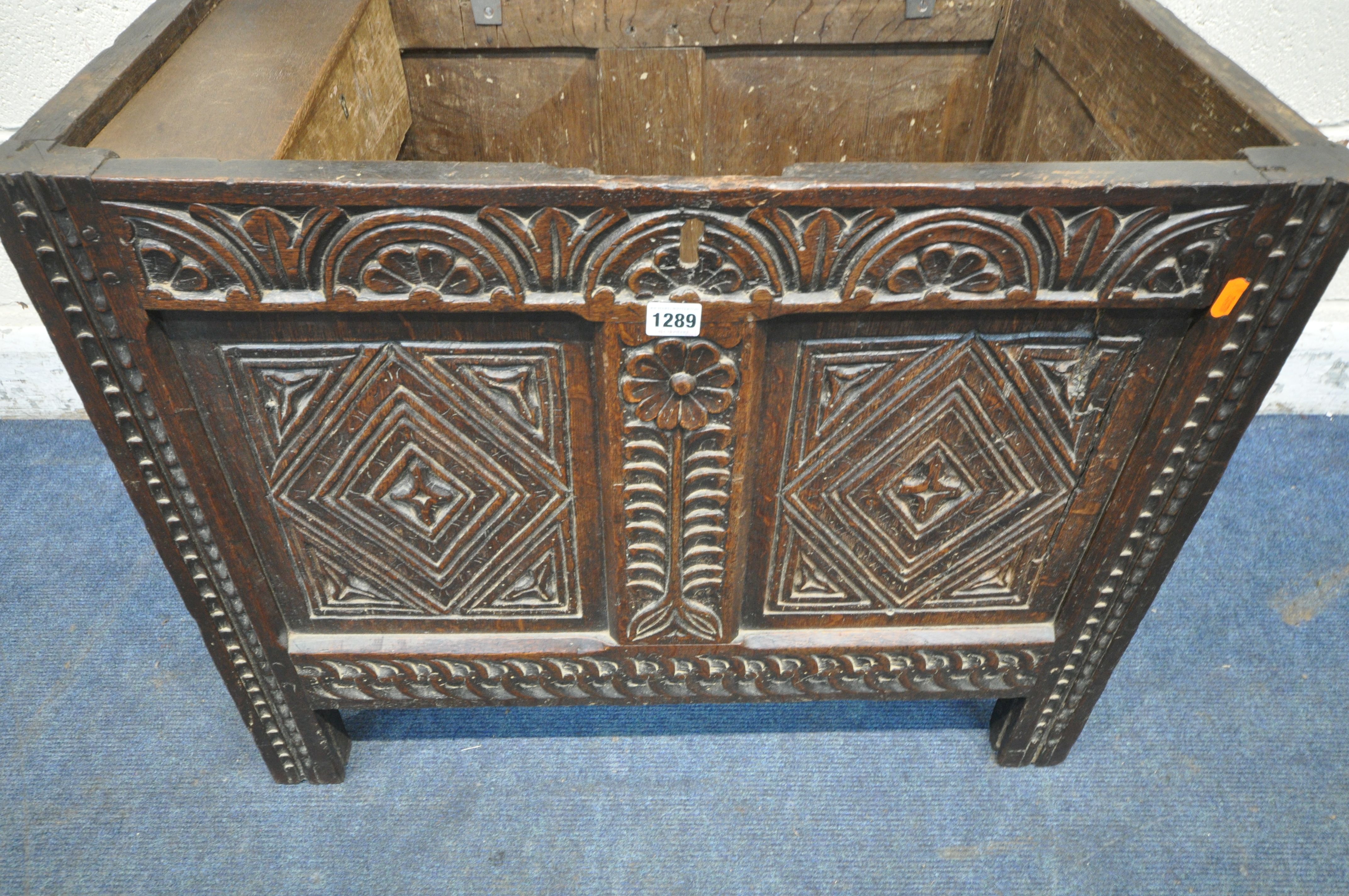 A GEORGIAN OAK COFFER, the hinged lid enclosing a candle box, the front with repeating geometric - Image 9 of 9