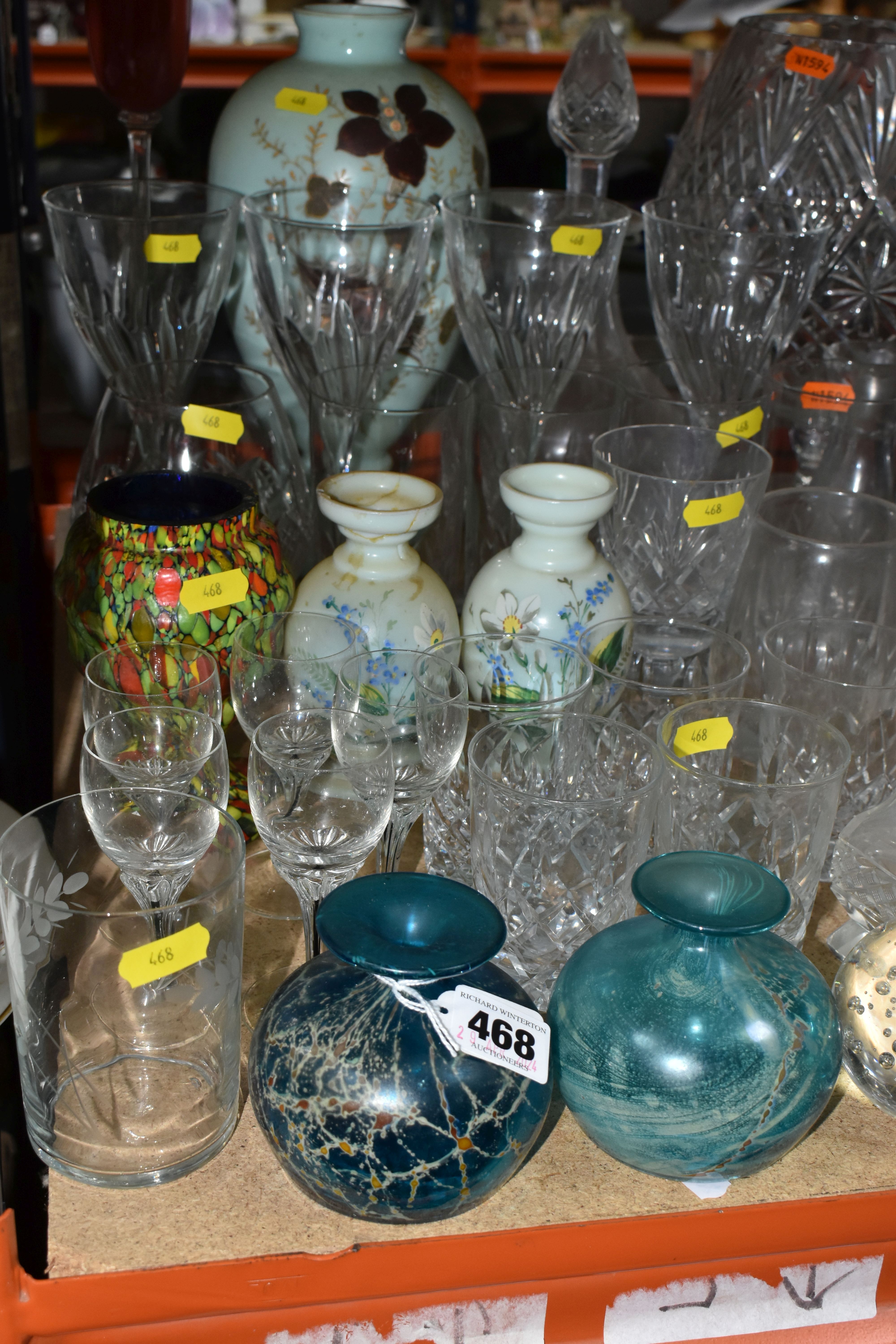 A SMALL QUANTITY OF GLASS WARES ETC, to include two Mdina posy vases, a Bohemian splatter glass - Image 2 of 4