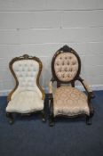 A VICTORIAN WALNUT SPOONBACK ARMCHAIR, with foliate crest and upholstery, open armrests, on front